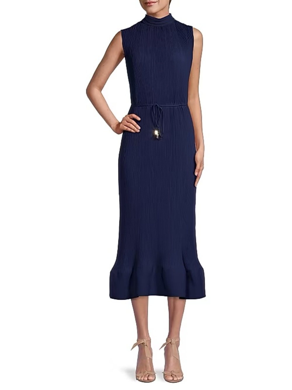 Milly Navy Sleeveless Pleated Midi Dress with Tie Waist